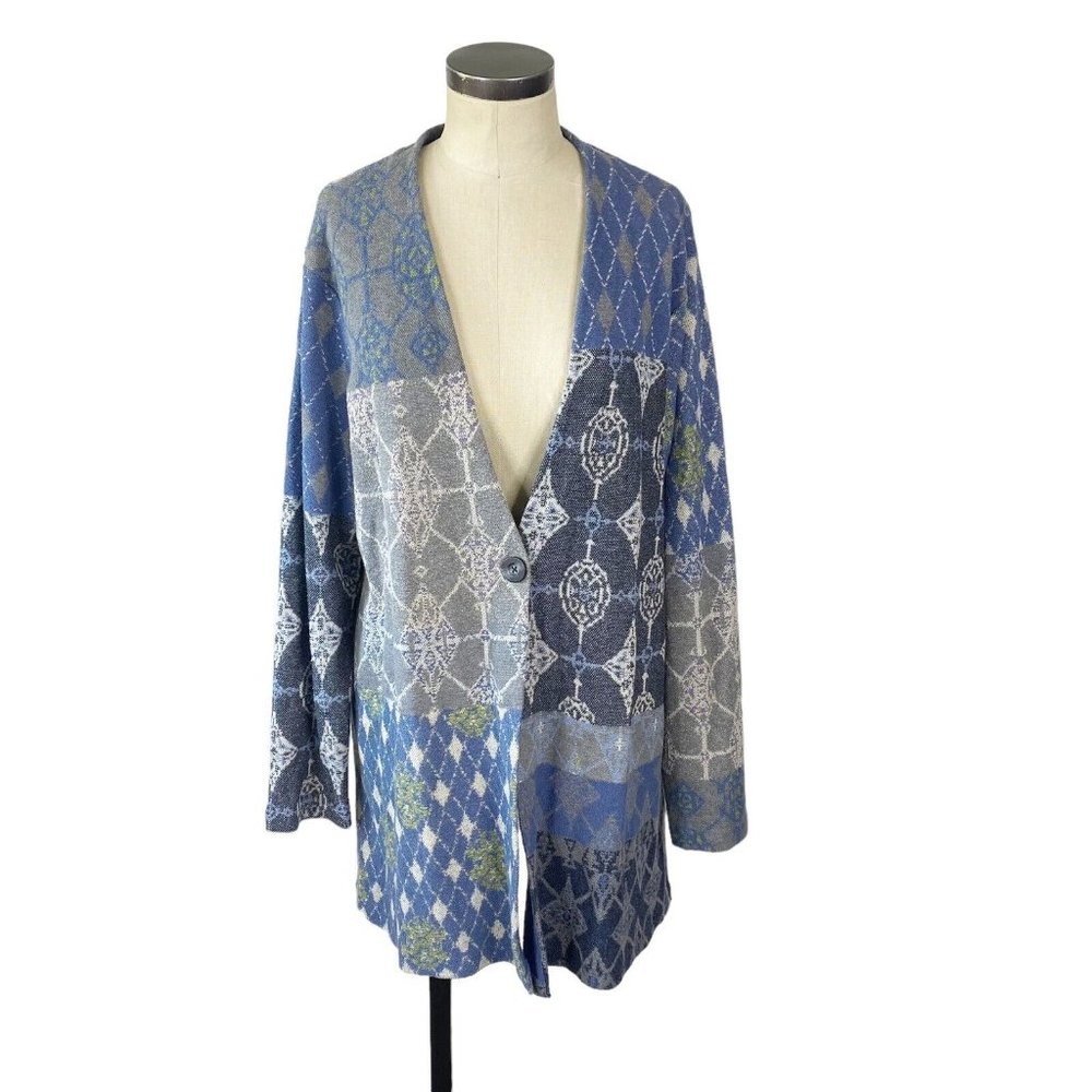 J. Jill Blue and Gray Patterned Button-Front Cardigan